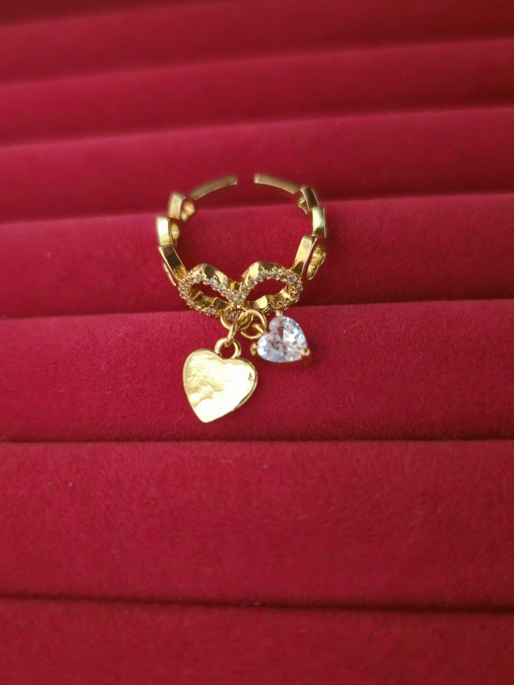 18K Gold Plated Heart Charm Adjustable Chic Ring w/Crystal Accent Sz 6" - B006